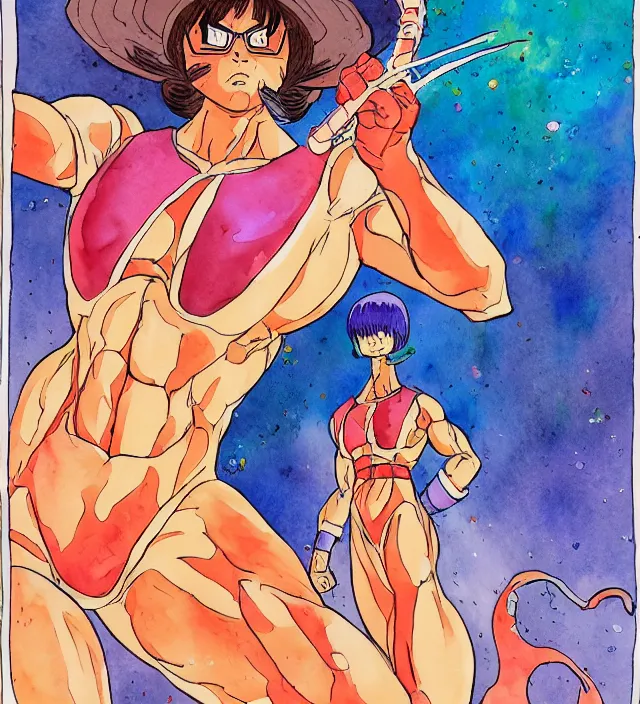 Image similar to a 3 / 4 view watercolor ink painting of velma as a god of destruction from dragon ball in the style of jean giraud in the style of moebius trending on artstation deviantart pinterest detailed realistic hd 8 k high resolution