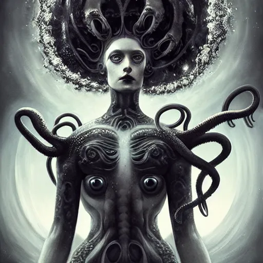 Prompt: By Tom Bagshaw, ultra realist soft painting of curiosities leviathan carnival by night, very beautiful full bodysuit massive tentacles, symmetry accurate features, very intricate details, ominous sky, black and white, volumetric light clouds