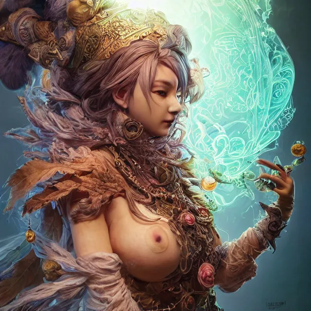 Image similar to the portrait of chaotic good female druid alchemist as absurdly beautiful, gorgeous, elegant, young gravure idol, an ultrafine hyperdetailed illustration by kim jung gi, irakli nadar, intricate linework, sharp focus, bright colors, octopath traveler, final fantasy, unreal engine 5 highly rendered, global illumination, radiant light, detailed and intricate environment
