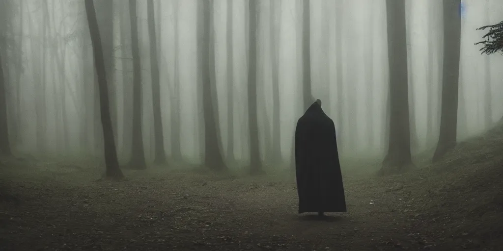 Prompt: a close shot of a grim reaper standing in a forest by studio ghibli, detailed, mythical, mist, depressing, tired, dark, lush, nature, mist, mystery, glows, somber, dismal, fog, heavy fog, dark lighting, glow, ambient light, cybernetic, sci-fi,