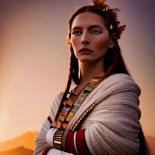 Image similar to photographic portrait of a stunningly beautiful renaissance female in traditional hopi dress, white irises and dark eye makeup, in soft dreamy light at sunset, god rays, contemporary fashion shoot, by edward robert hughes, annie leibovitz and steve mccurry, david lazar, jimmy nelsson, extremely detailed, hyperrealistic, perfect face, octane render