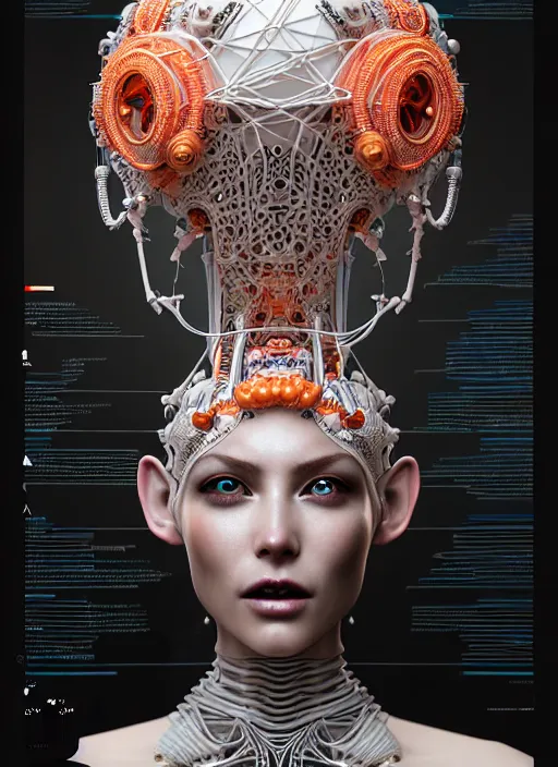 Image similar to portrait of an absurdly beautiful, graceful, sophisticated, fashionable cyberpunk mechanoid, hyperdetailed illustration by irakli nadar and alexandre ferra, intricate linework, white porcelain skin, faberge, coral headdress, unreal engine 5 highly rendered, global illumination, radiant light, detailed and intricate environment