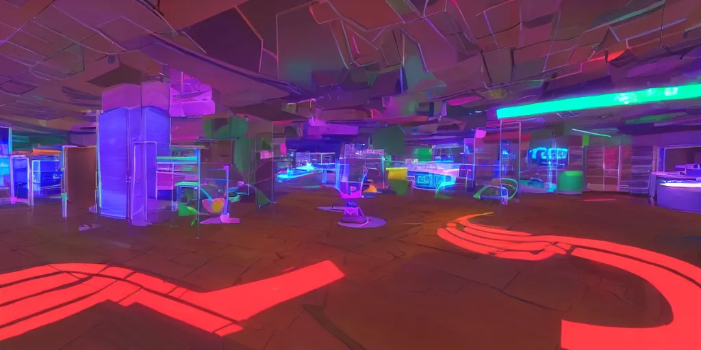 Image similar to VRChat world lobby with neon lighting.