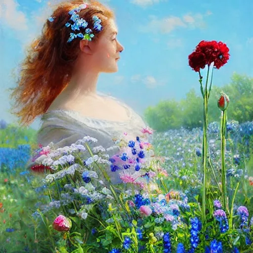 Image similar to a portrait of a romantic woman with flowers grow out of hair, roses peonies forget-me-nots dahlias lupins gladioli, sky theme in background, by Alexandr Averin, Digital Art, Trending on artstation