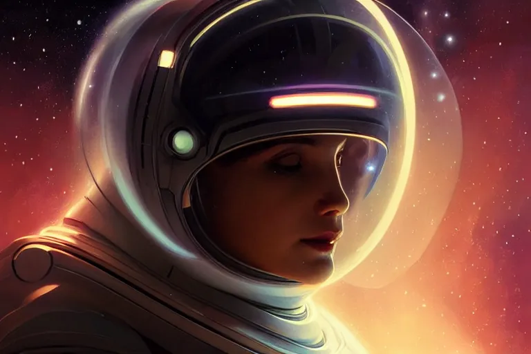 Image similar to Portrait of a Futuristic astronaut reflective visor reflecting a nebula supernova in space, portrait, elegant, intricate, digital painting, artstation, concept art, smooth, sharp focus, illustration, art by artgerm and greg rutkowski and alphonse mucha