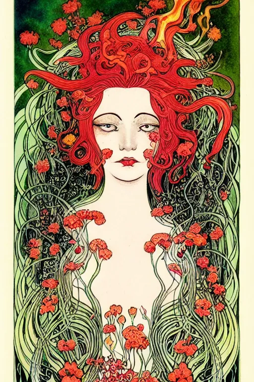 Image similar to realistic face of nature goddess with red hair with flowers and flames growing around, flower frame, detailed art by kay nielsen and walter crane, illustration style, watercolor