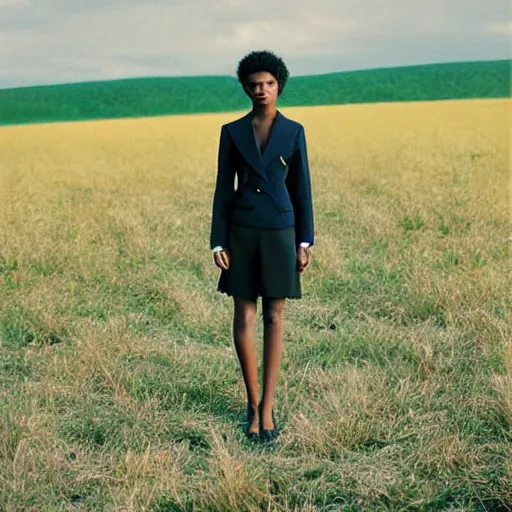 Image similar to realistic!!! photoshoot for a new dior lookbook, color film photography, portrait of a beautiful woman, location on a open field, in style of tyler mitchell, 35mm