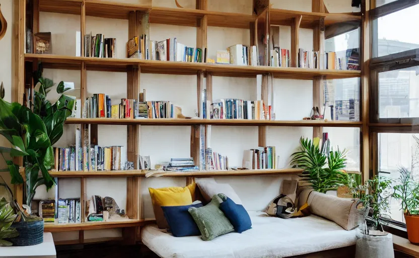 Image similar to interior desing magazine photo of a big window with a wooden frame to sit on, some sandy yellow pillows, there are books and plants on a integrated shelf, great architecture, ambient light, 8k