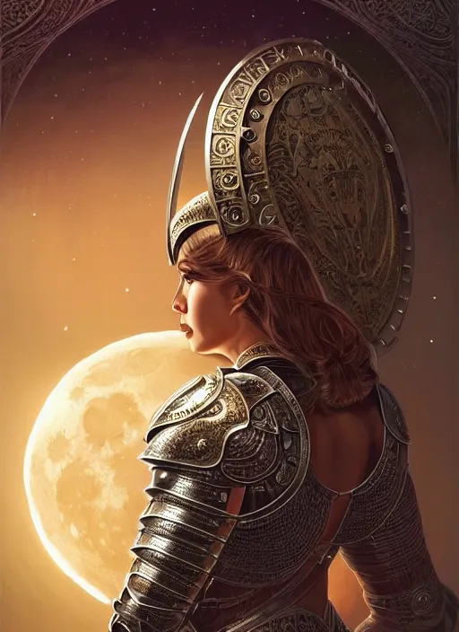 Image similar to high vector, book cover!!!!!!!!!!!!, warrior princess in intricate plate armour, large moon, light night, intricate, elegant, sharp focus, illustration, highly detailed, digital painting, concept art, matte, art by wlop and artgerm and ivan shishkin and andrey shishkin, masterpiece