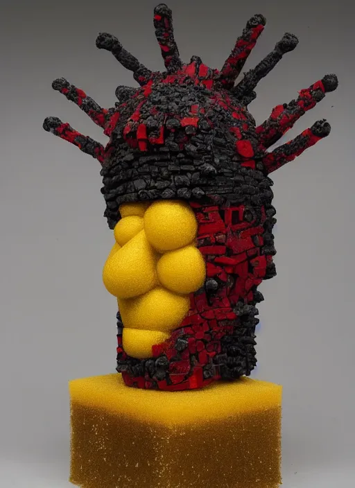 Image similar to sponge sculpture of an ancient warrior, red and black and gold theme