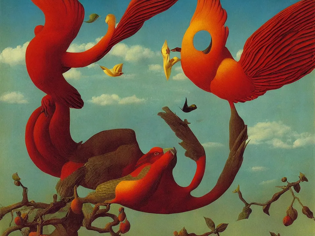 Prompt: beautiful exotic bird is covering the sun. Jan van Eyck, Audubon, Rene Magritte, Agnes Pelton, Max Ernst, Walton Ford