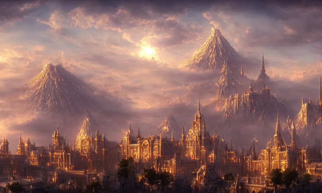 Image similar to beautiful gold fantasy city made from white stone and bright copper built on a volcano, gondor, misty, red sky, medieval city, metropolis, magic, gorgeous clouds, white marble, god rays, digital art, landscape, fantasy art, octane render, ureal engine, high detail, very realistic, by greg rutkowski. by james gurney