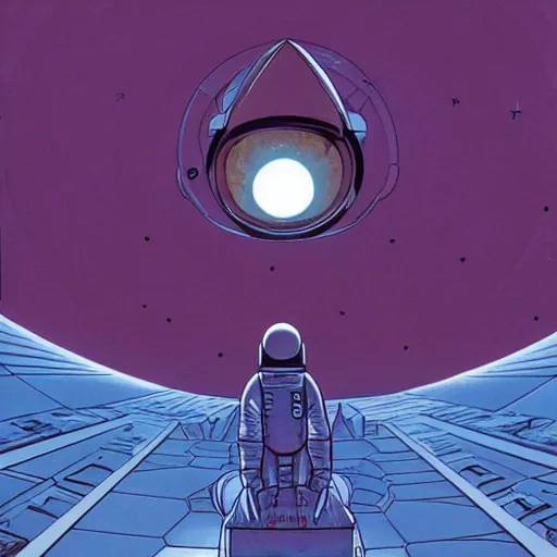 Image similar to astronaut meditating in front of an alien ethereal geometry, art by moebius