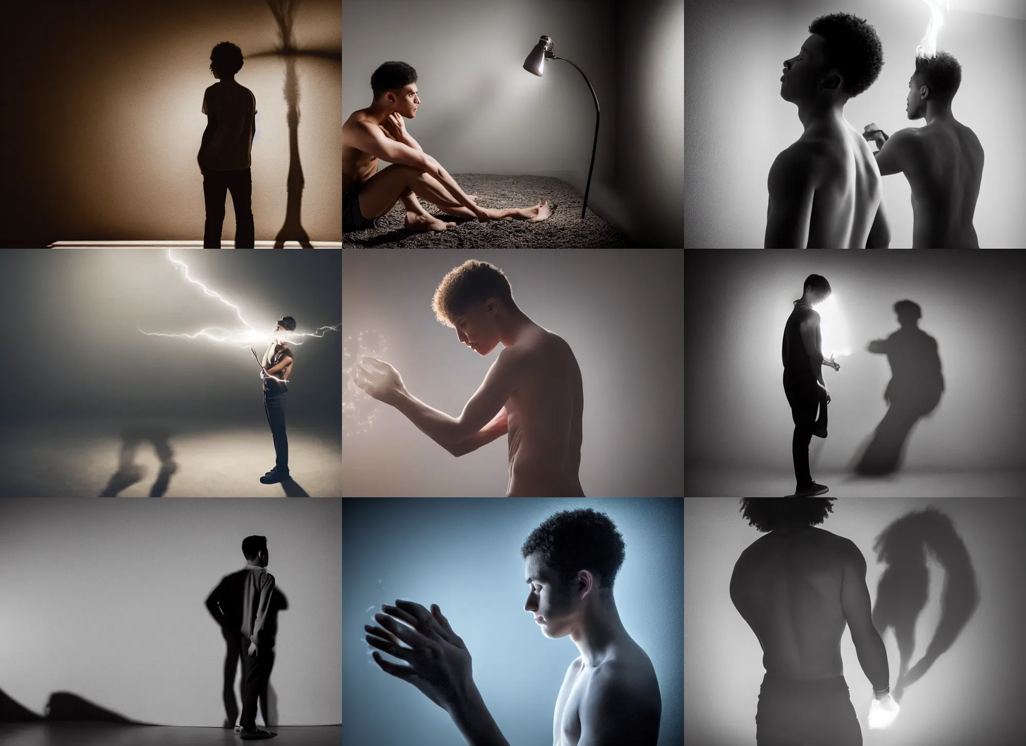 Prompt: photo still of posterior view, young man enchanting a weather spell, subject in shadow, chiaroscuro, short fluffy hair, biracial, glowing magic, 8 k, studio lighting bright ambient lighting key light, 8 5 mm f 1. 8