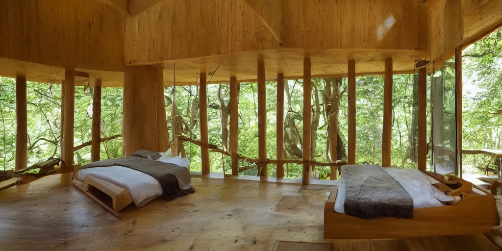 Image similar to interior of an epic treehouse. modern design, window viewing forest canopy, wooden bridge