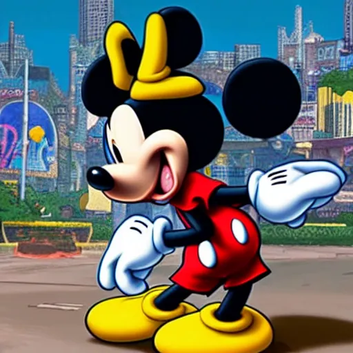 Image similar to Mickey Mouse as a character in the game GTA VI, with a background based on the game League of Legends, detailed face, PAINTING BY android jones