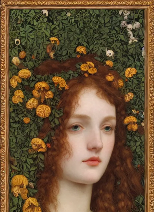Prompt: masterpiece beautiful seductive flowing curves preraphaelite face portrait amongst flowers, extreme close up shot, straight bangs, thick set features, yellow ochre ornate medieval dress, laying amongst foliage mushroom forest circle arch, frederic leighton and kilian eng and rosetti and preraphaelites, william morris, framed, 4 k