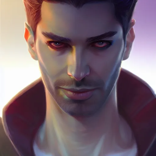 Image similar to Lucifer as an attractive man, 4k digital character design by Artgerm, WLOP, beeple, Hi-Fructose, James Jean, Andrei Riabovitchev, Marc Simonetti, yoshitaka Amano, Artstation, CGsociety