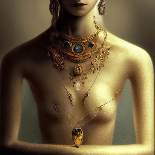 Image similar to human portrait, ethereal, face, crystal, intrincate, cgsociety, devianart, ornate, maximalist, fine art, golden details, carved, tarot card enviroment