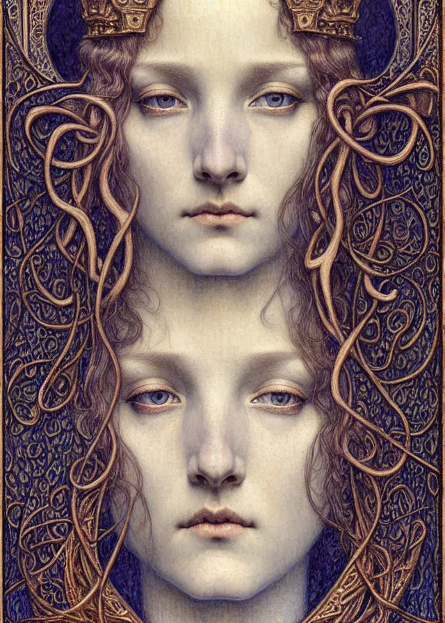 Image similar to detailed realistic beautiful young medieval queen face portrait by jean delville, gustave dore and marco mazzoni, art nouveau, symbolist, visionary, gothic, pre - raphaelite. horizontal symmetry