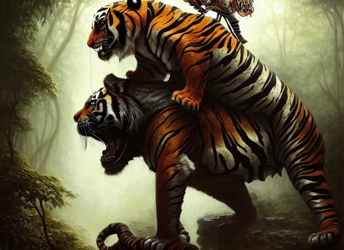 Image similar to romantic portrait shot of darth vader riding a tiger through the jungle intricate, elegant, highly detailed, centered, digital painting, artstation, concept art, smooth, sharp focus, illustration, artgerm, tomasz alen kopera, peter mohrbacher, donato giancola, joseph christian leyendecker, wlop, boris vallejo