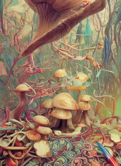 Image similar to yunnan mushroom : : by martine johanna and simon stalenhag and chie yoshii and casey weldon and wlop : : ornate, dynamic, particulate, rich colors, intricate, elegant, highly detailed, centered, artstation, smooth, sharp focus, octane render, 3 d