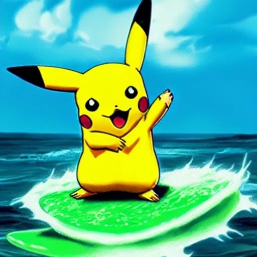 Image similar to pikachu surfing on a wave made of green slime, pokemon tcg image, trending on artstation