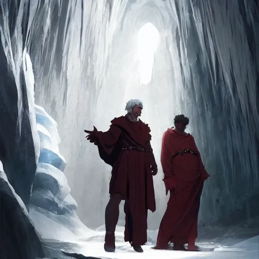 Image similar to dante alighieri and the poet virgil looking at the devil who is frozen in ice in a cavern 4 k, concept art, by wlop, ilya kuvshinov, artgerm, krenz cushart, greg rutkowski, pixiv. cinematic dramatic atmosphere, sharp focus, volumetric lighting, cinematic lighting, studio quality