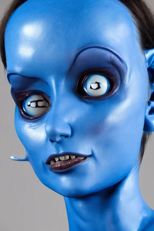 Image similar to portrait of a blue alien woman, silicone skin, 4 eyes, pierced with plasma jets, 5 th element, cinematrographic, elegant, soft shapes, sharp details, 3 5 mm, f / 2 4