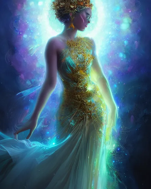 Image similar to Full View Portrait Mystical ethereal discoball deity wearing beautiful dress, disco ball Dryad beautiful dress, 4k digital masterpiece by Greg Rutkowski and Ruan Jia and rossdraws, Alberto Seveso, fantasycore, Hyperdetailed, realistic oil on linen, soft lighting, Iconography background, featured on Artstation