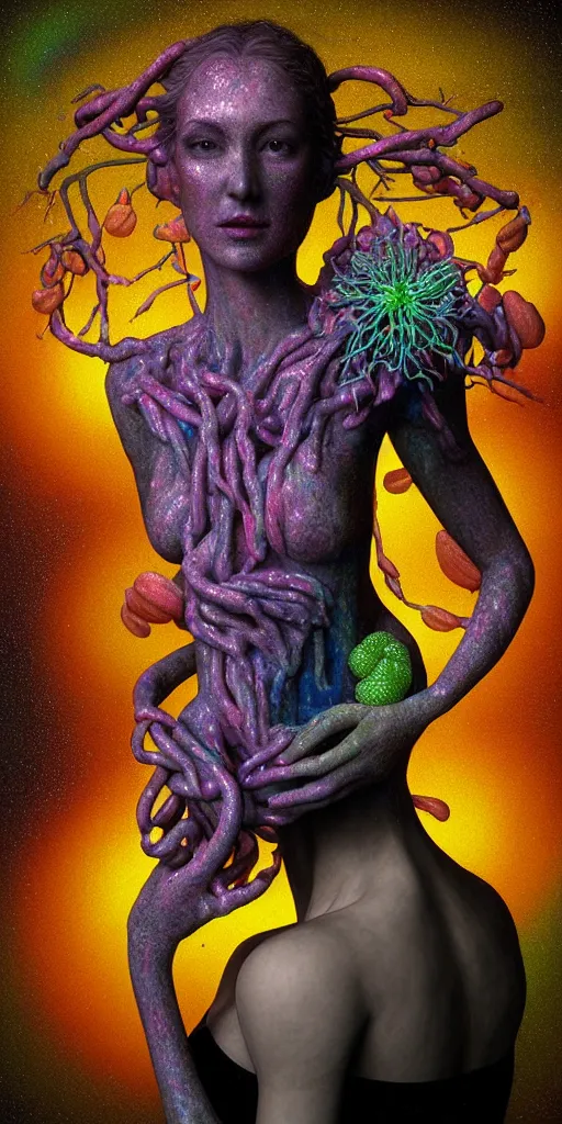 Prompt: hyper detailed 3d render like a Oil painting - portrait sculpt of Aurora (Singer) seen Eating of the Strangling network of yellowcake aerochrome and milky Fruit that covers her body and Her delicate Hands hold of gossamer polyp blossoms bring iridescent fungal flowers whose spores black the foolish stars by Jacek Yerka, Mariusz Lewandowski, Houdini algorithmic generative render, Abstract brush strokes, Masterpiece, Edward Hopper and James Gilleard, Zdzislaw Beksinski, Mark Ryden, Wolfgang Lettl, hints of Yayoi Kasuma, octane render, 8k