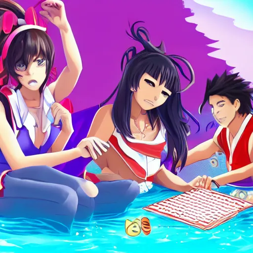 Image similar to aoi asahina from danganronpa, a tanned japanese girl with hair in a high ponytail, and percy jackson playing go fish under the ocean, beautiful digital art