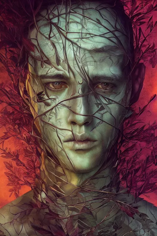 Prompt: portrait of a man made of a leaves, by artgerm, tom bagshaw, gerald brom, vaporwave colors, lo - fi colors, vaporwave, lo - fi, moody vibe, goth vibe, 4 k, hd,