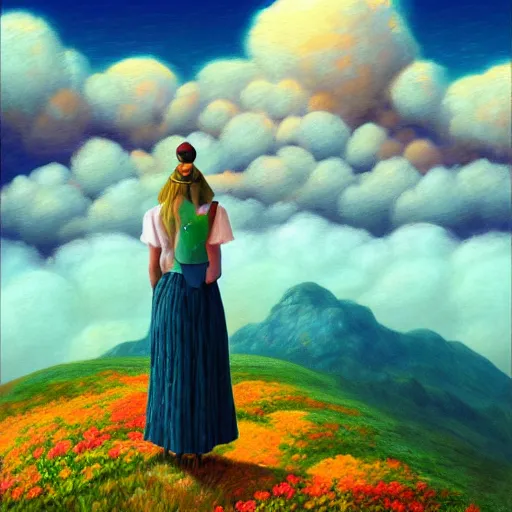 Prompt: giant flower head, frontal, woman standing on mountain, surreal photography, mist below, colorful clouds, impressionist painting, digital painting, artstation, rob gonsalves