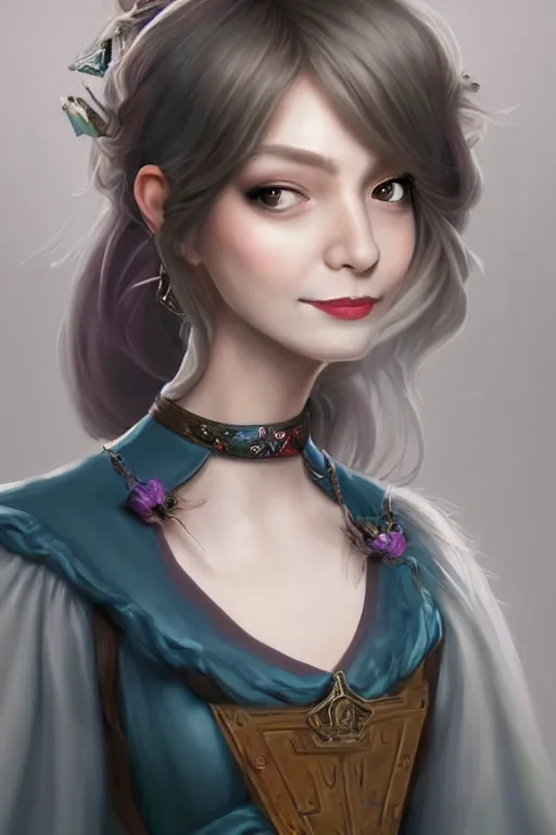 Image similar to portrait of a gorgeous young female artificer, looking at camera, D&D, choker on neck, stylish dress, mouth slightly open, cute slightly nerdy smile, very long flowing hair, intricate, elegant, stylish, fantasy, extremely detailed, digital painting, artstation, concept art, smooth, sharp focus, illustration, stunning lighting, art by artgerm and greg rutkowski and alphonse mucha and simon stalenhag