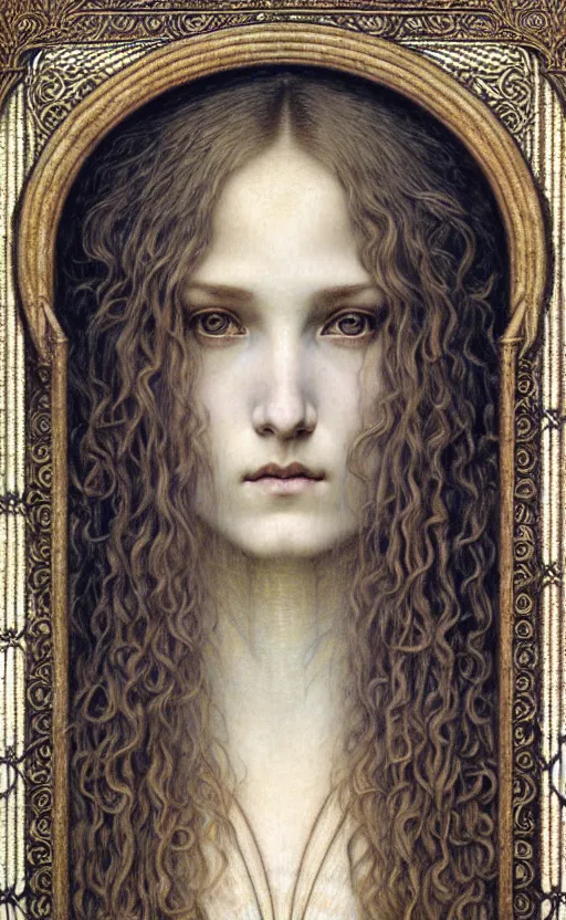 Image similar to detailed realistic beautiful young medieval queen face portrait by jean delville, gustave dore and marco mazzoni, art nouveau, symbolist, visionary, gothic, pre - raphaelite. horizontal symmetry