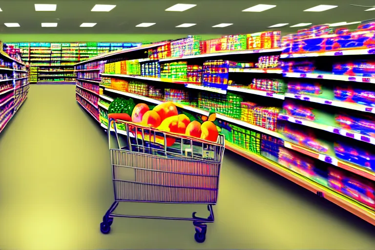 Image similar to lsd trip in the supermarket. super realistic 8 k render of a elegant, cinematic composition