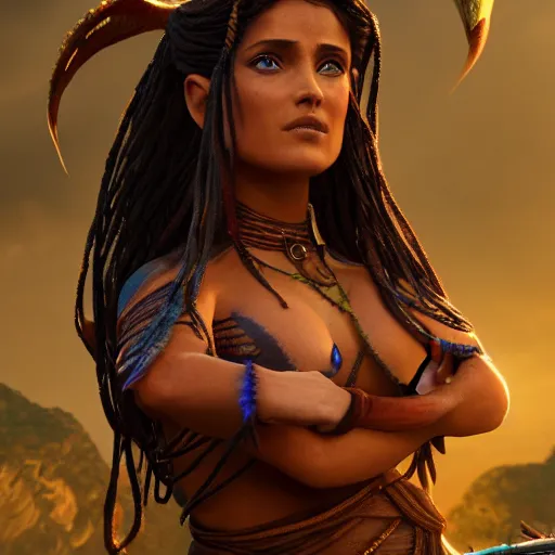 Image similar to Salma Hayek as a female na’vi from Avatar, digital art, highly detailed, award winning, concept art, intricate, sharp focus, Trending on Artstation HQ, unreal engine 5, 4K UHD image