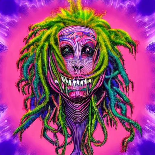 Prompt: a chaotic psychedelic monster with dreadlocks, cosmic horror