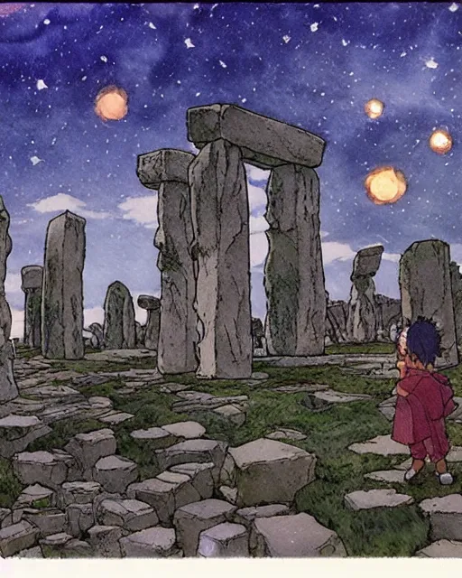 Image similar to a hyperrealist studio ghibli watercolor fantasy concept art. in the foreground is a giant grey octopus building and putting stones in to place on top of stonehenge with a starry sky. by rebecca guay, michael kaluta, charles vess