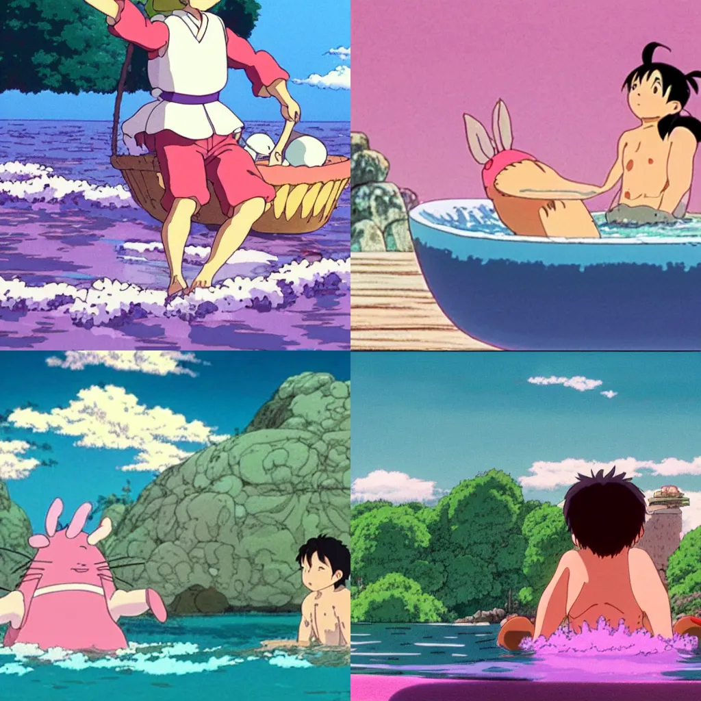 Prompt: a still from a studio ghibli movie about goofy bathing in pink water