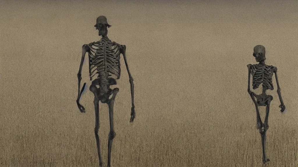 Prompt: crowd skeleton standing in a stomry, foggy wheat field, in the style of andrew wyeth, fine details