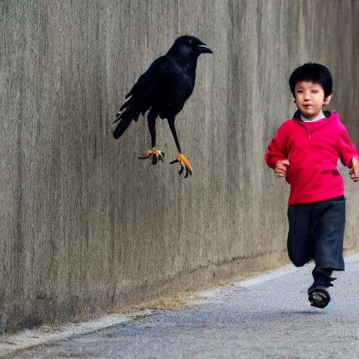 Image similar to a young asian boy running along with a friendly crow