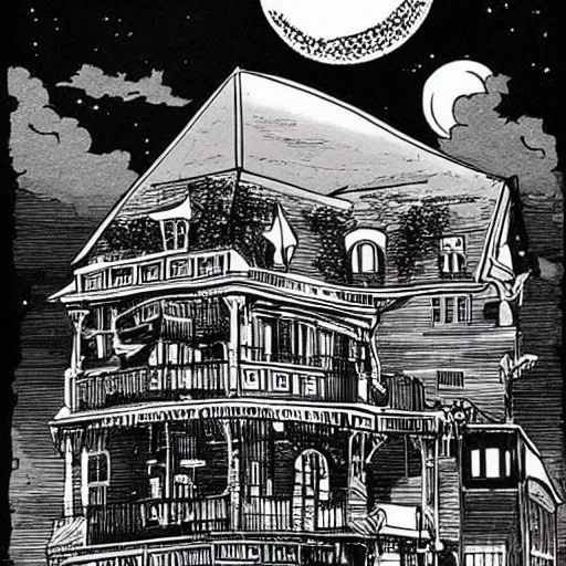 Prompt: seaside victorian building, night, moon in sky, heavy ink!!!!!!!, dark, black, mike mignola, monochrome