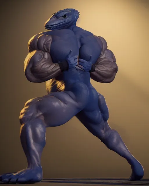 Image similar to navy blue color lizard man, muscle and bara, wearing fitness sporty tanktop, fantasy character design, octane render, 8 k