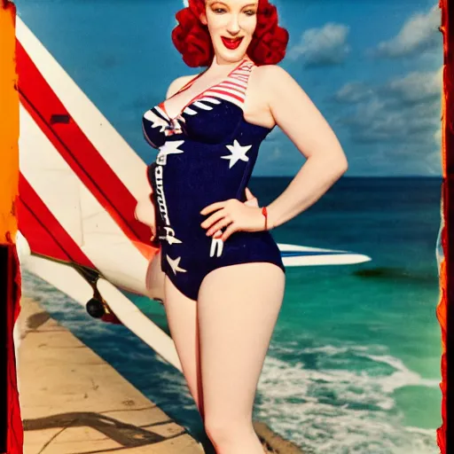 Prompt: B-25 bomber with pinup art of Christina Hendricks wearing a 1940s swimsuit. Medium format, high quality film stock. 120 film. airplane nose art