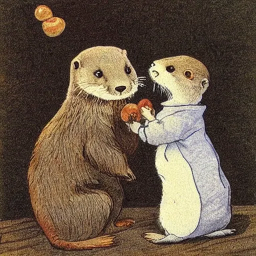 Image similar to an otter child holds a chestnut in its paws, Beatrix Potter,