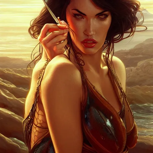 Prompt: Megan Fox eating crabs, closeup, D&D, fantasy, intricate, elegant, highly detailed, digital painting, artstation, concept art, matte, sharp focus, illustration, art by Artgerm and Greg Rutkowski and Alphonse Mucha