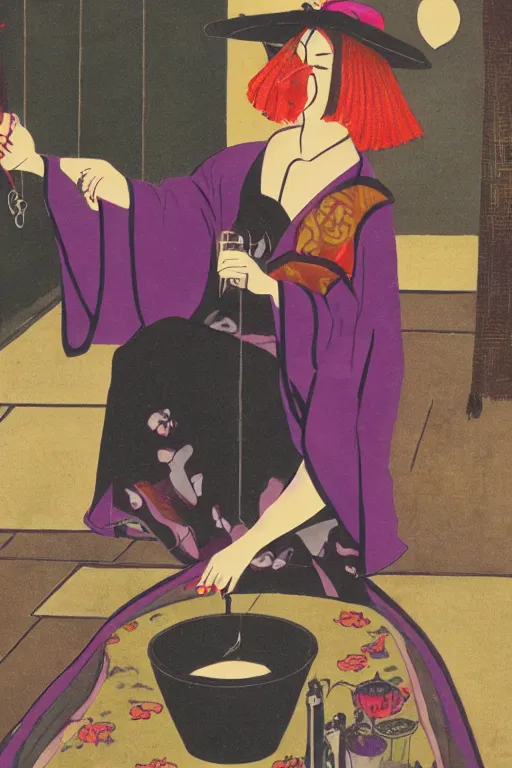 Image similar to photo of a witch, young woman, preparing potion, high heels, japanese kimono