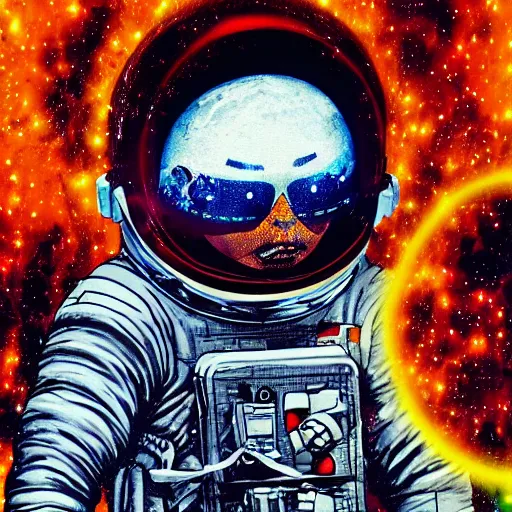 Image similar to an astronaut on the moon looking at exploding Earth, abstract art, Digital art scary, detailed